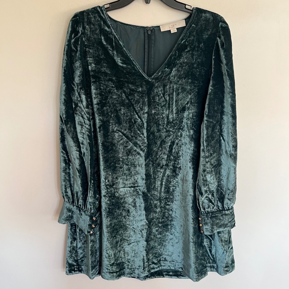 LOFT Emerald Green Crushed Velvet VNeck Mini Dress Long Sleeve Gold Button Small
